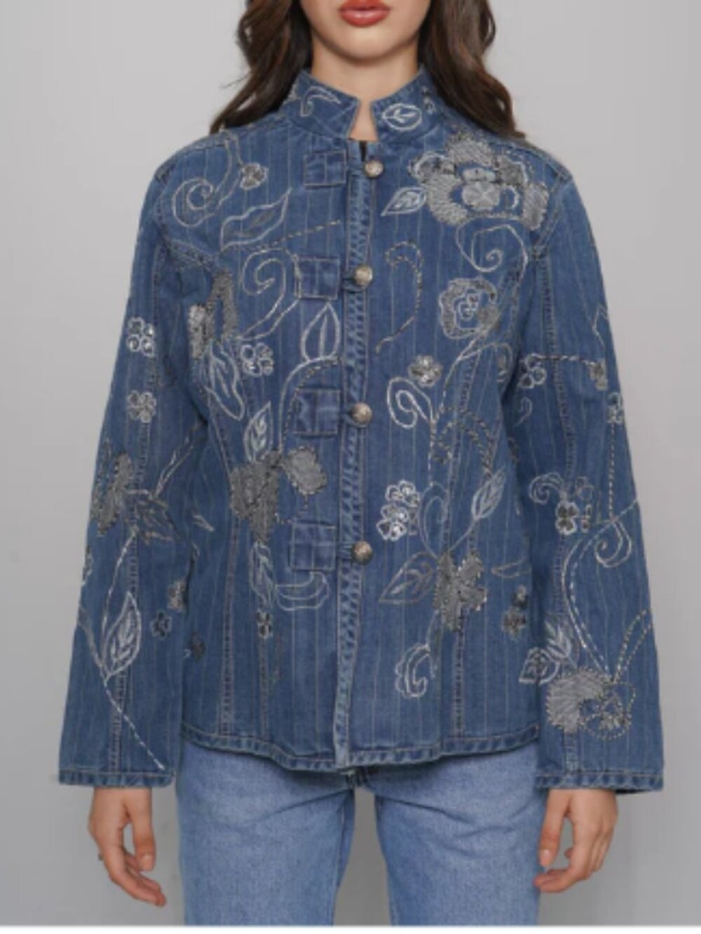Chico's Embroidered Denim Jacket Mandarin Collar Silver Floral Paisley sz 2 (L)